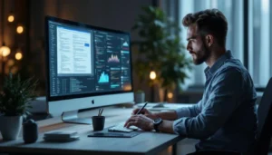 Software developer working on web application development and data analytics using a desktop computer in a modern office environment